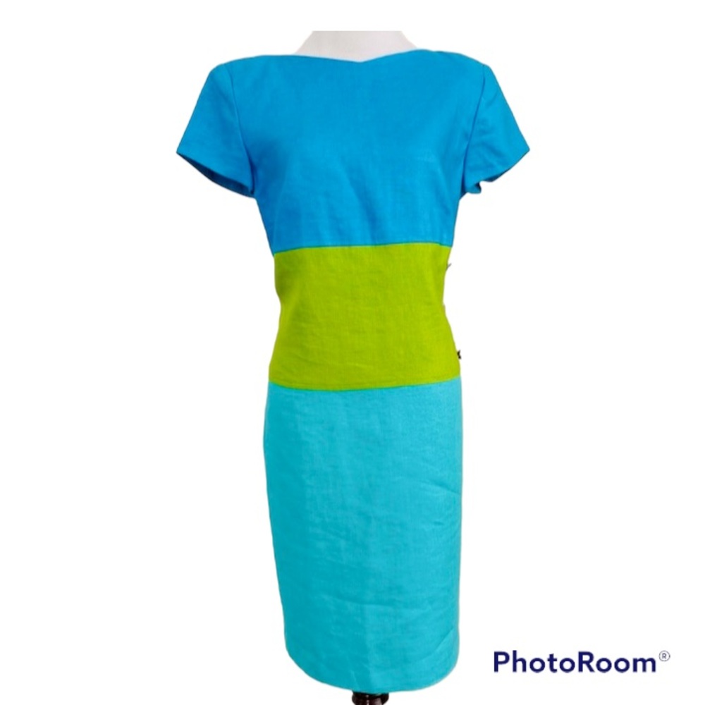 MAGGY LONDON ColorBlock Dress 6 Blue Green Linen Starfish Vintage Summer Classic